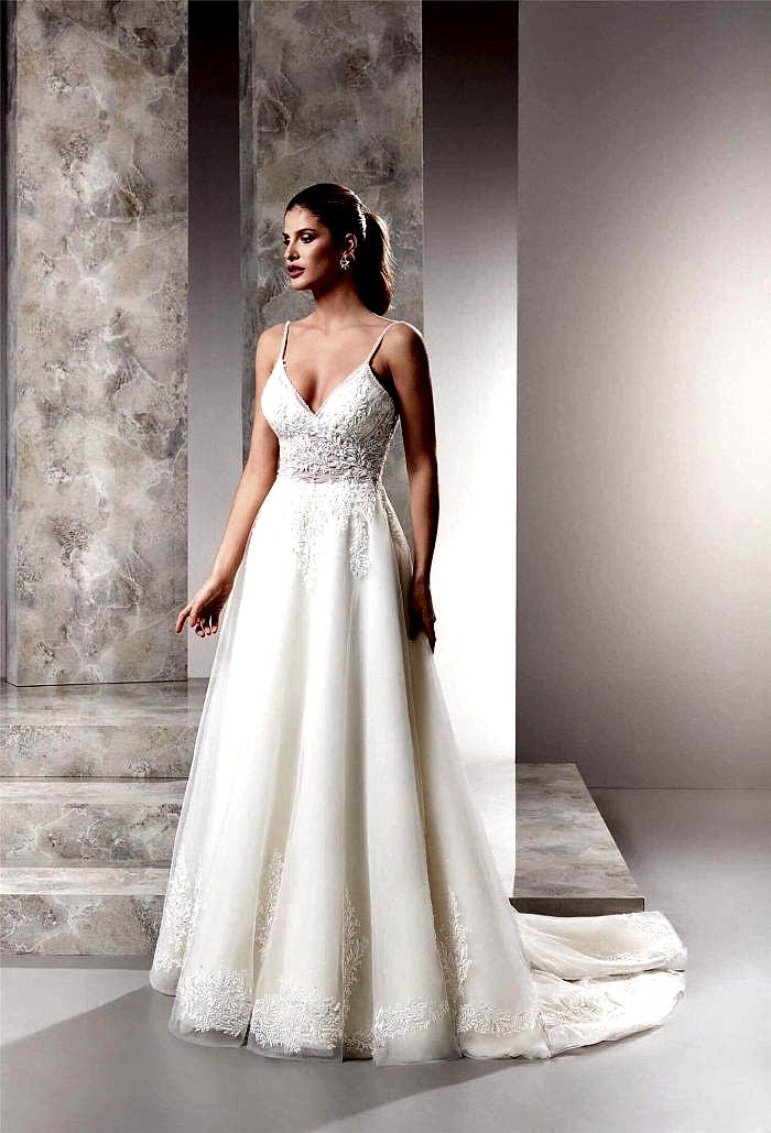 Kuyruklu V Yaka İp Askılı Helen Gelinlik