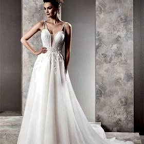 Kuyruklu İnce Askılı Derin V Yaka Gelinlik