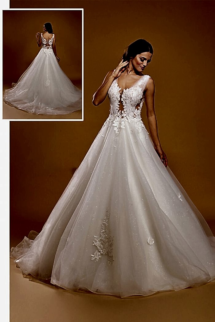 Transparan V Yaka Dekolteli A Kesim Gelinlik