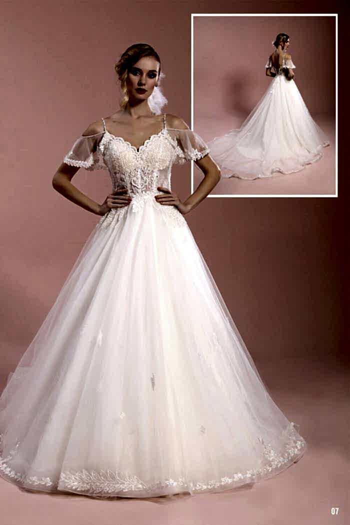 Düşük Kol Korseli Transparan Tül Etekli A Kesim Gelinlik