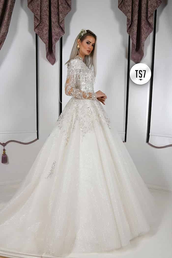 Havuz Yaka Sarkaç Payet İşlemeli A Kesim Tesettür Gelinlik