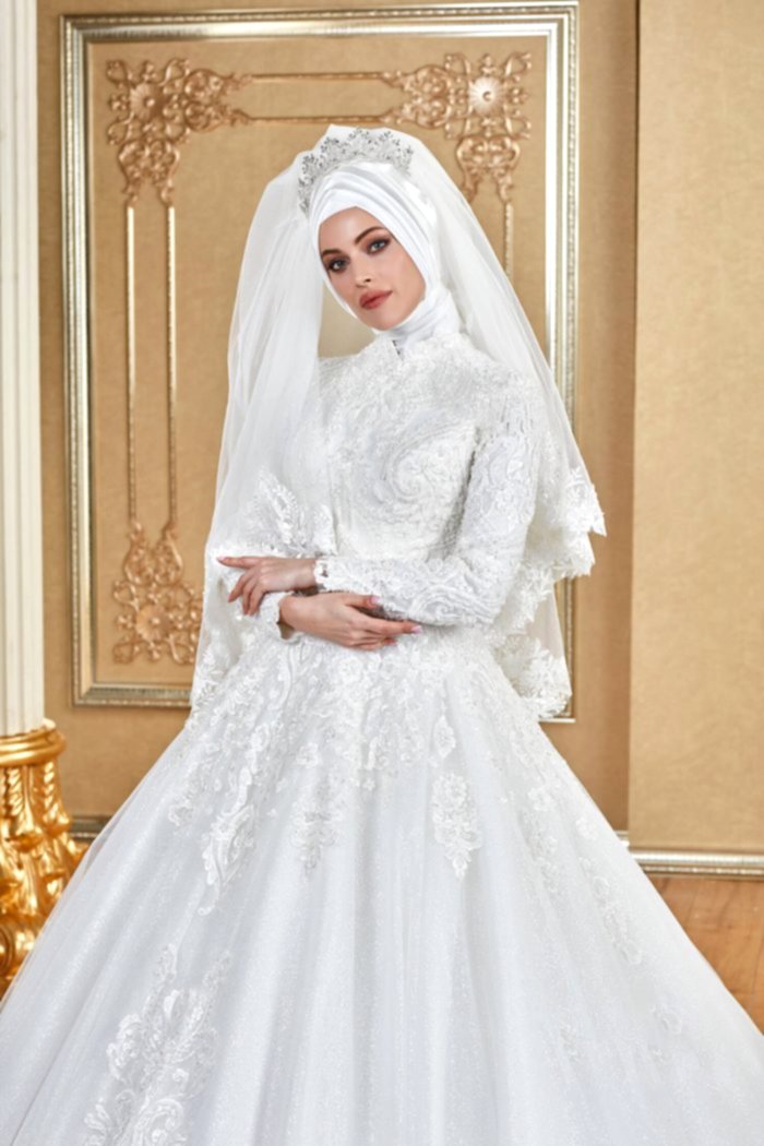 Alternative view of Hakim Yaka Omuz Sarkaçlı A Kesim Tesettür Gelinlik