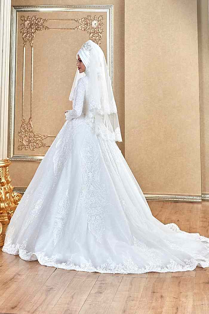 Alternative view of Dantel İşlemeli Otriş Kemer Detaylı A Kesim Tesettür Gelinlik