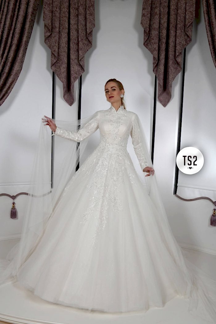 Pelerin Detaylı Hakim Yaka A Kesim Tesettür Gelinlik