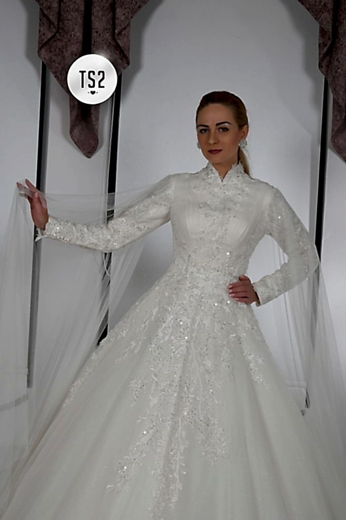 Alternative view of Pelerin Detaylı Hakim Yaka A Kesim Tesettür Gelinlik