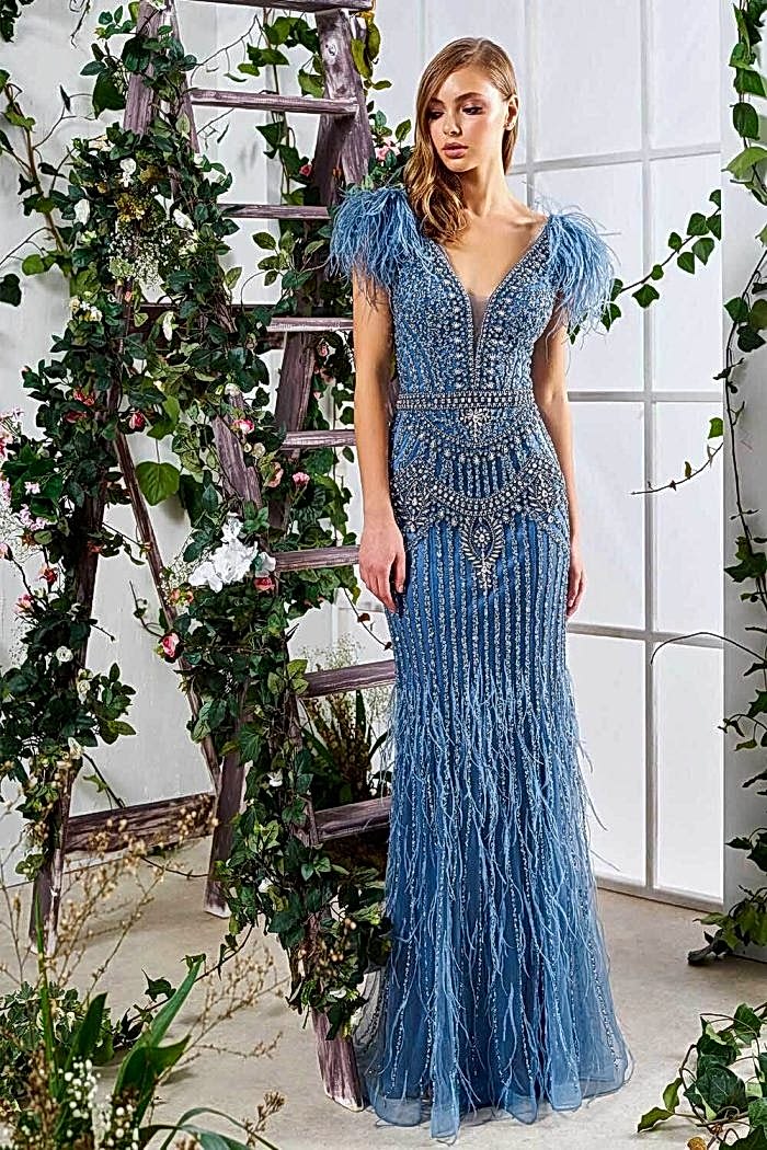 Taş Ve Dantel İşlemeli V Yaka Mavi Abiye Elbise