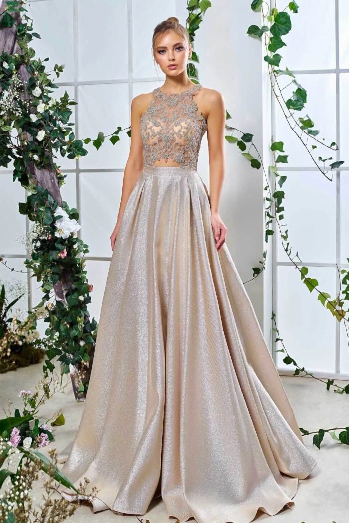 İki Parça Dantelli Pudra Abiye Elbise