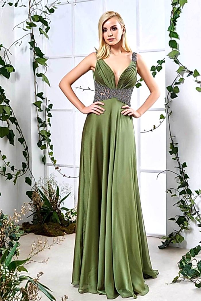 Askılı V Yaka Yeşil Abiye Elbise