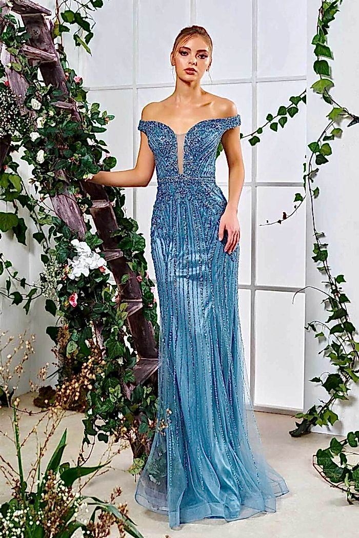 Taş ve Dantel İşlemeli V Yaka Tül Etekli Mavi Abiye Elbise