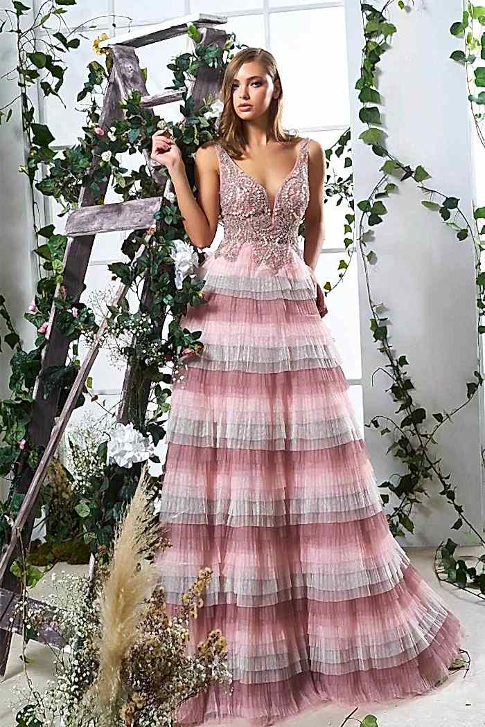 V Yaka Kabarık Toz Pembe Abiye Elbise