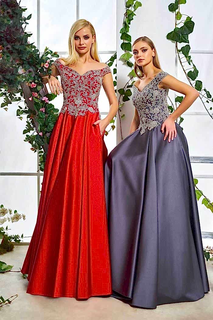 Düşük Omuz Taş İşlemeli Uzun Gece Elbisesi