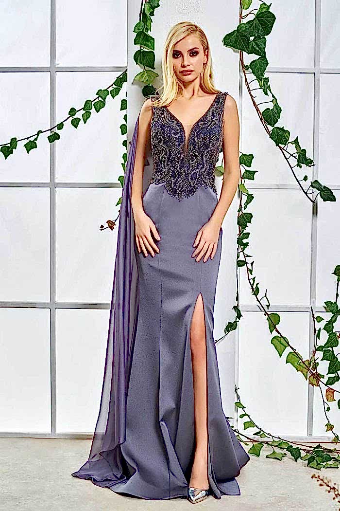 Pelerinli V Yaka Yırtmaçlı Uzun Abiye