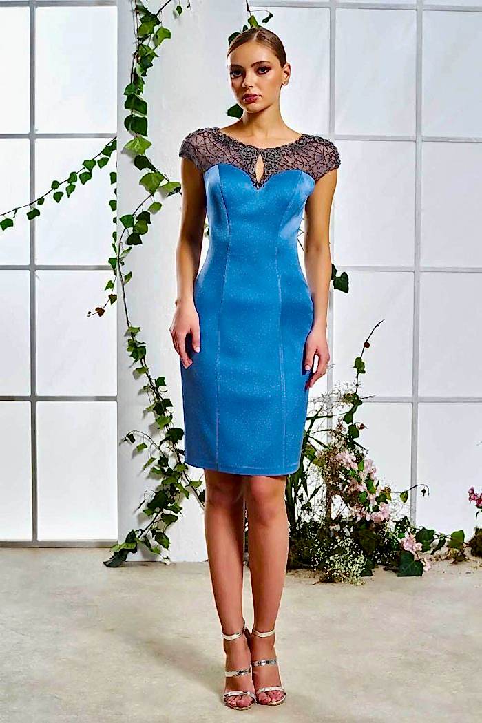 Halter Yaka Kısa Kol Mavi Abiye Elbise