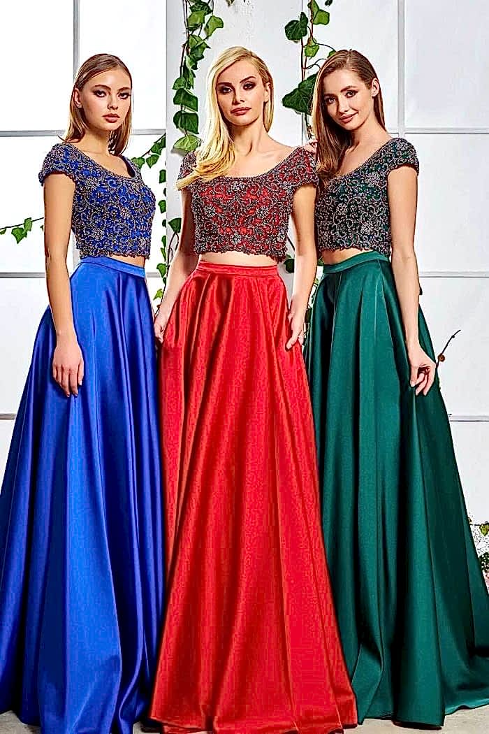 Long Satin Evening Dress with Stone Embroidered Top