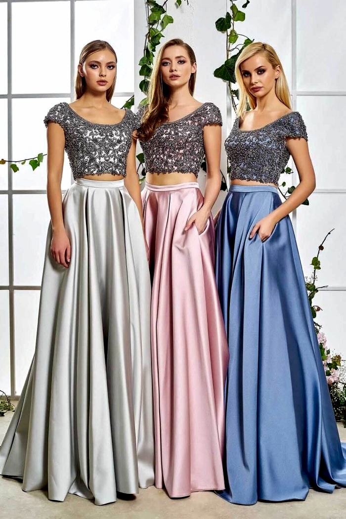 Üstü Taşlı Saten Etek Uzun Abiye