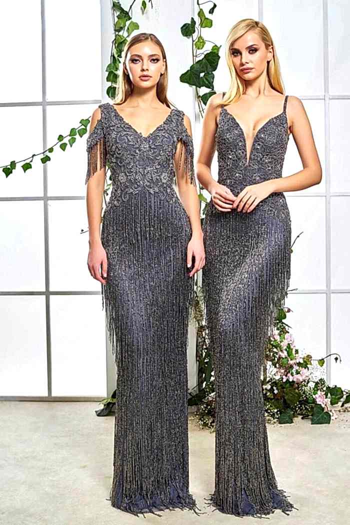 Taş İşlemeli V Yaka Gece Abiye Elbisesi