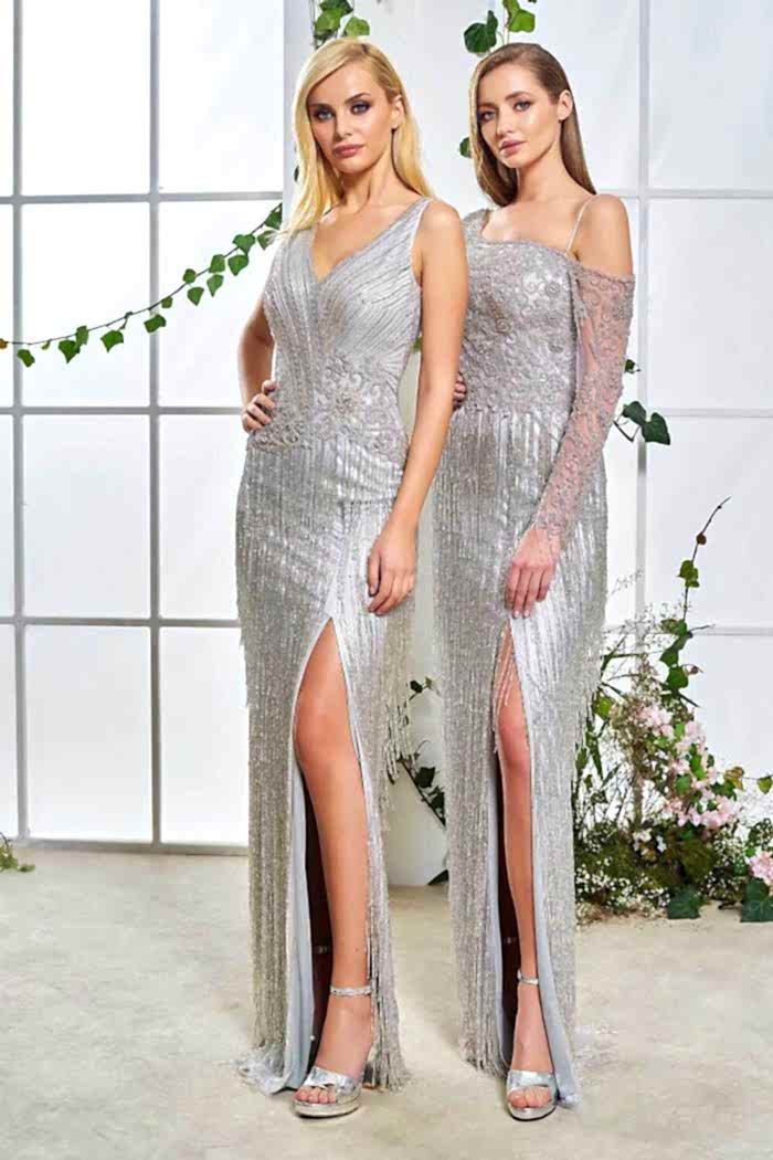 Yırtmaçlı Gri Taşlı Uzun Abiye Elbise