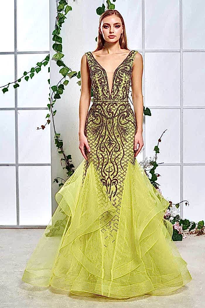 Taş İşlemeli V Yaka Tüllü Sarı Abiye