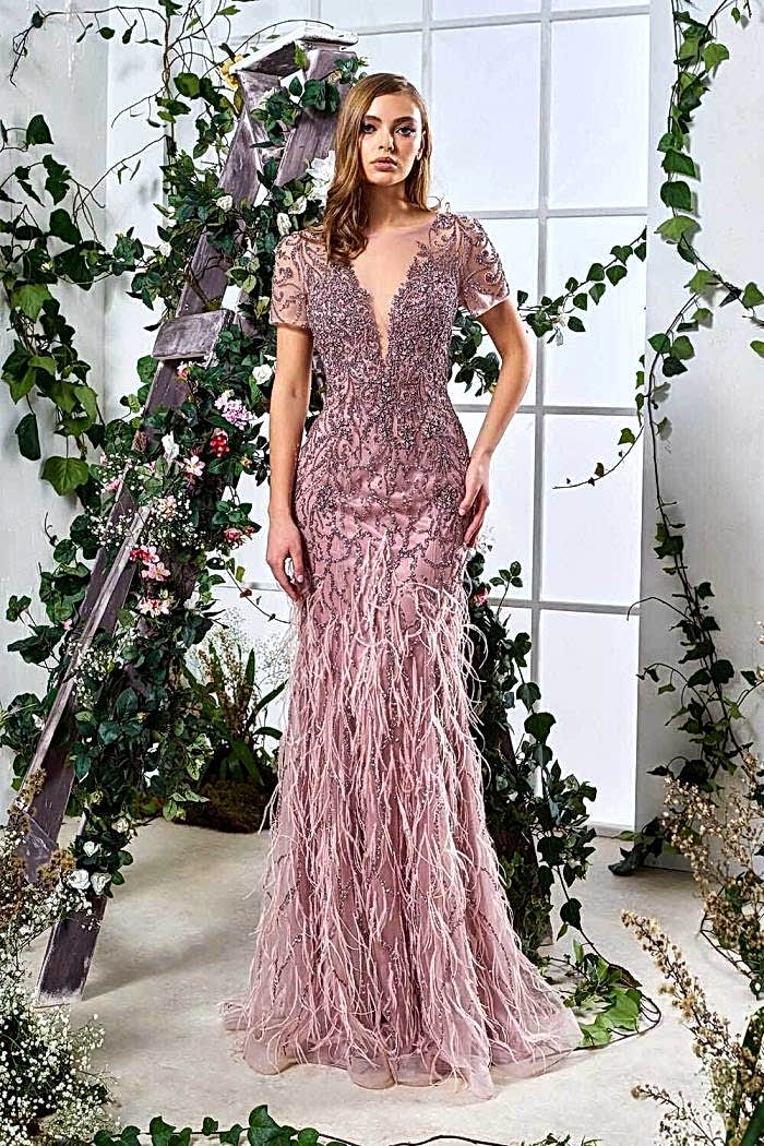 Taş İşlemeli Püskül Etekli Pembe Abiye Elbise