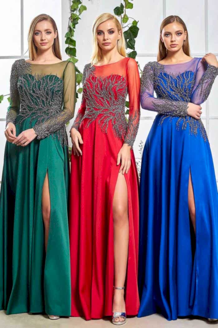 Taşlı Transparan Yırtmaçlı Uzun Abiye