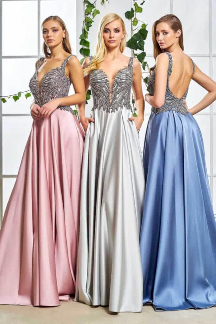 V Yaka Sırt Dekolteli Uzun Saten Abiye