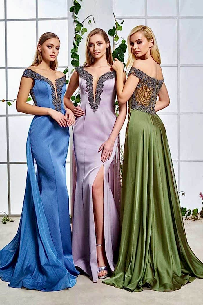 Taşlı Düşük Omuz Yırtmaçlı Uzun Abiye