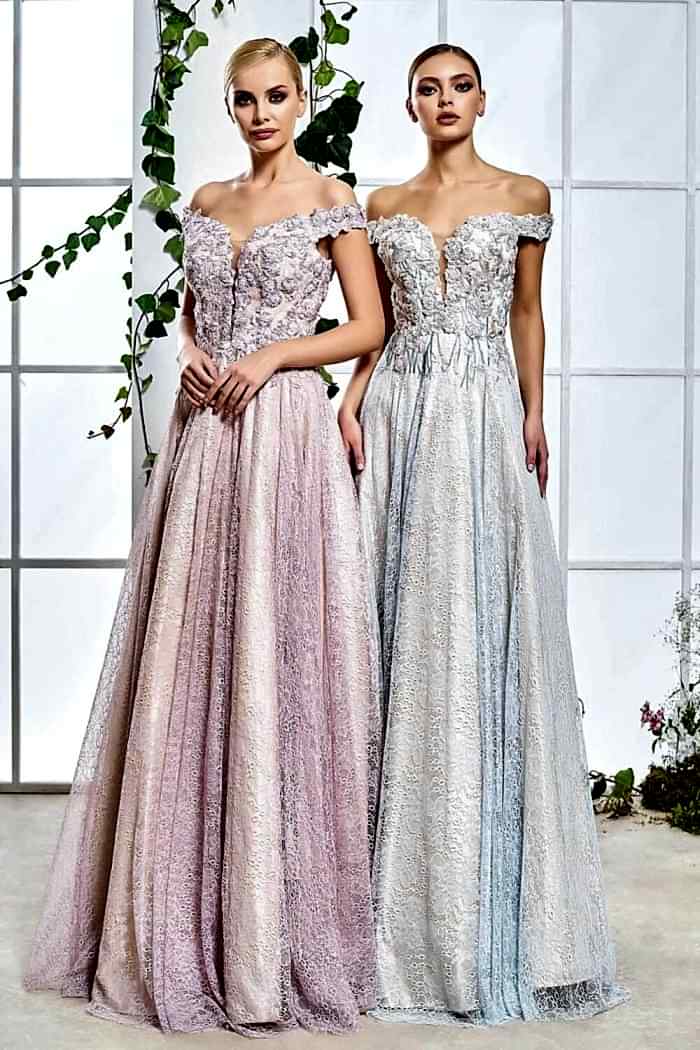 Düşük Omuz Tül İşlemeli Uzun Abiye