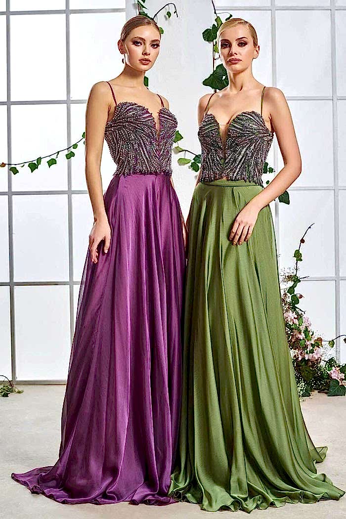 İnce Askılı Taşlı Uzun Saten Abiye