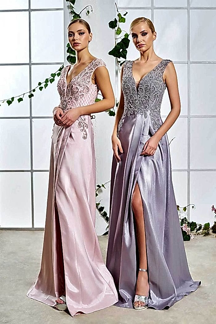 Saten V Yaka Yırtmaçlı Uzun Abiye