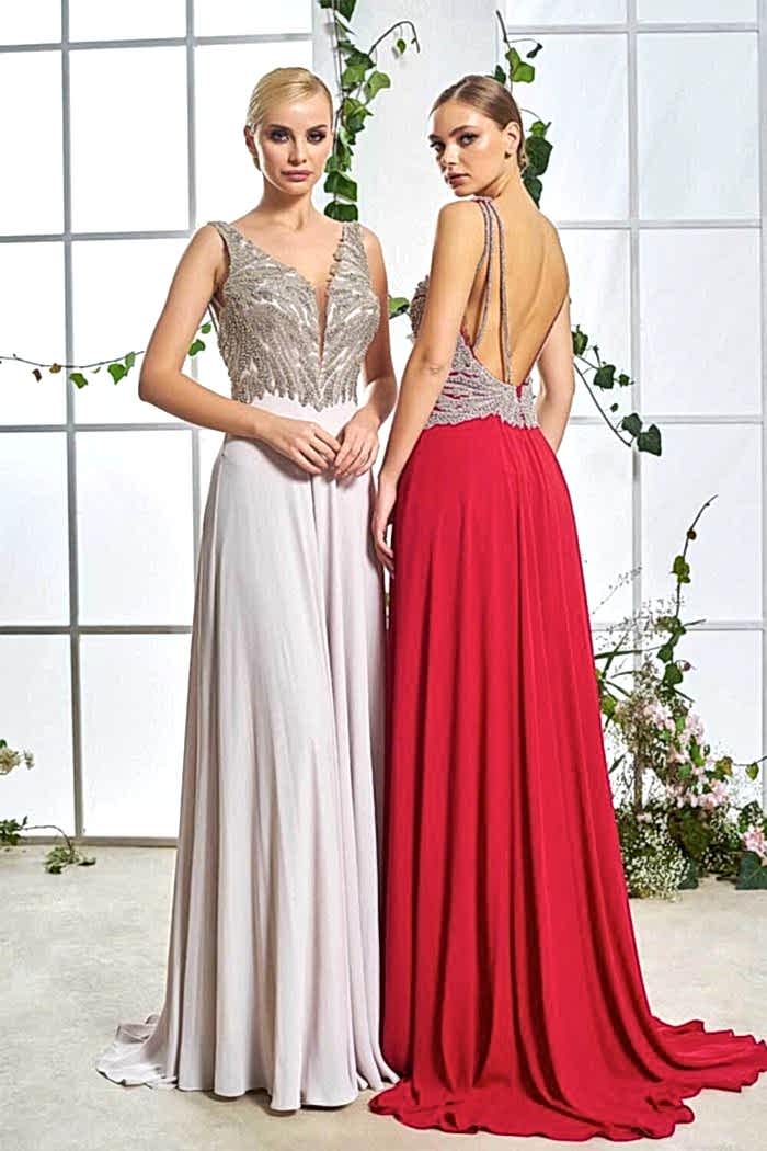 Sırt Dekolteli V Yaka Taşlı Uzun Abiye