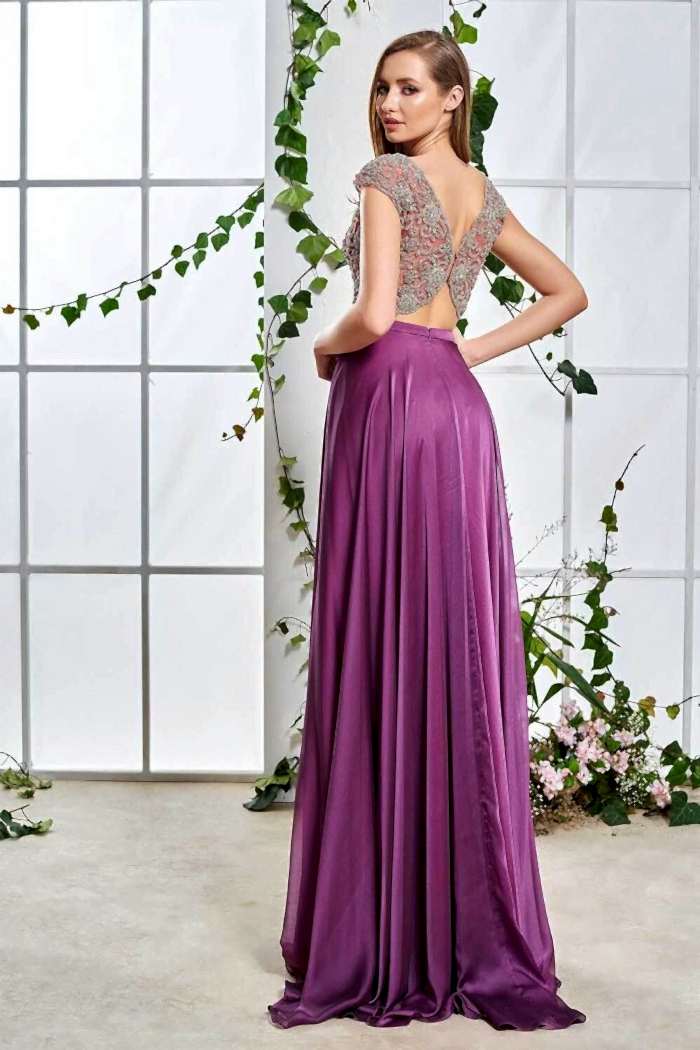 Taş İşlemeli Transparan Mor Uzun Gece Elbisesi