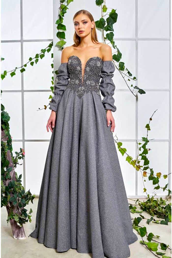 Gri Straplez Balon Kol Uzun Gece Elbisesi