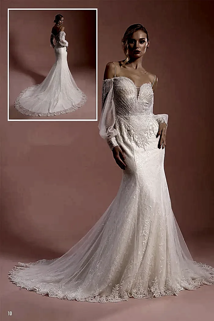 Spagetti Askı Bishop Kol Kristal İşlemeli Kuyruklu Balık Gelinlik