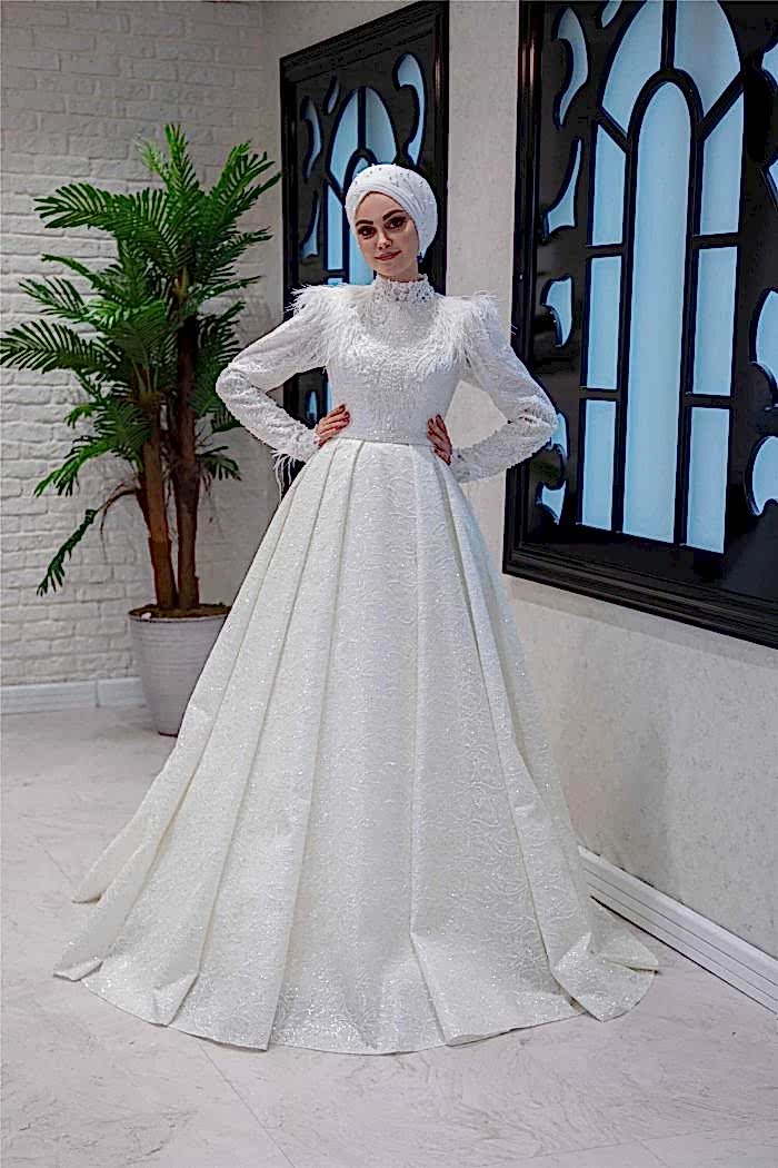 Dantel İşlemeli Uzun Kollu Helen Tesettür Gelinlik