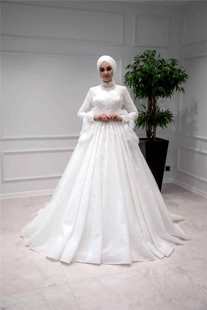 Hakim Yaka 3D İşlemeli A Kesim Tesettür Gelinlik