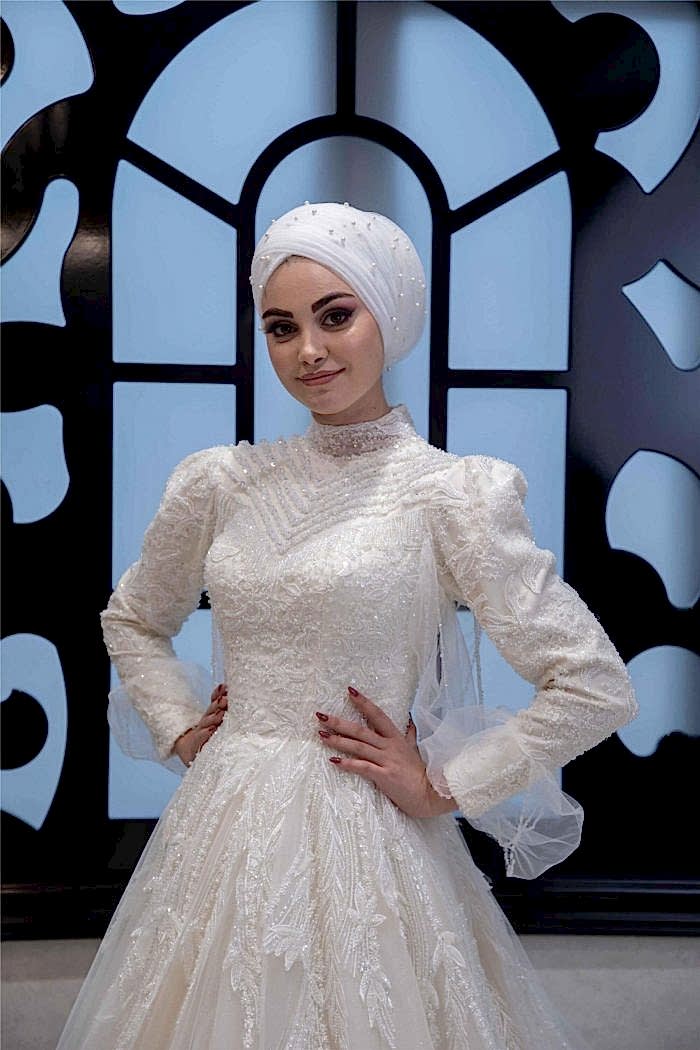 Hakim Yaka Tül Etekli Helen Tesettür Gelinlik