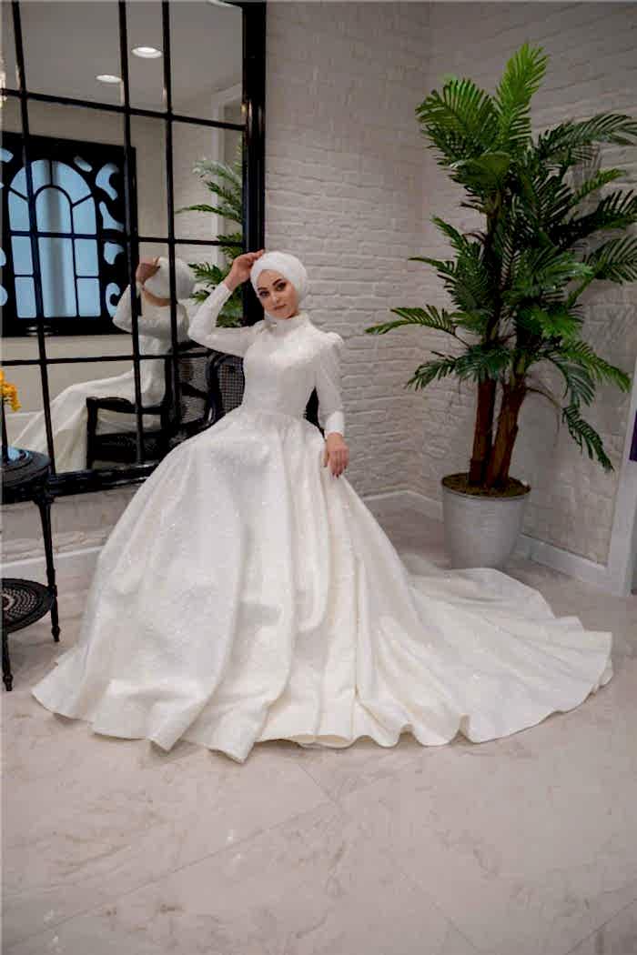 Hakim Yaka Uzun Kol Helen Tesettür Gelinlik