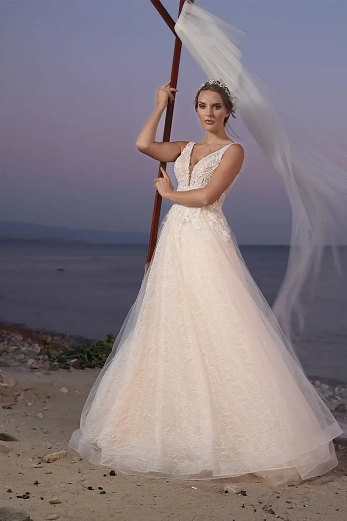 Kalın Askılı V Yaka İşlemeli Nude Tonlarda Helen Gelinlik