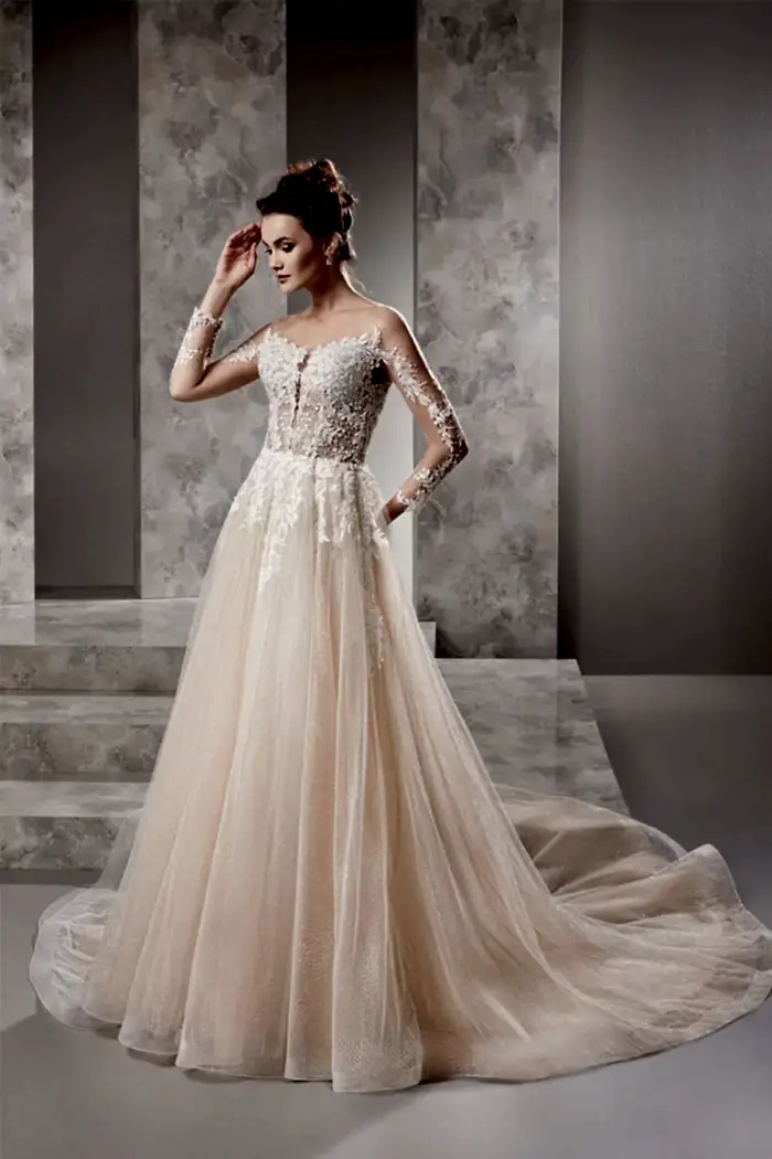 İllüzyon Yaka Uzun Kollu Transparan Nude Helen Gelinlik