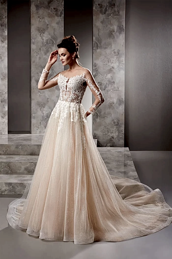 Alternative view of İllüzyon Yaka Uzun Kollu Transparan Nude Helen Gelinlik