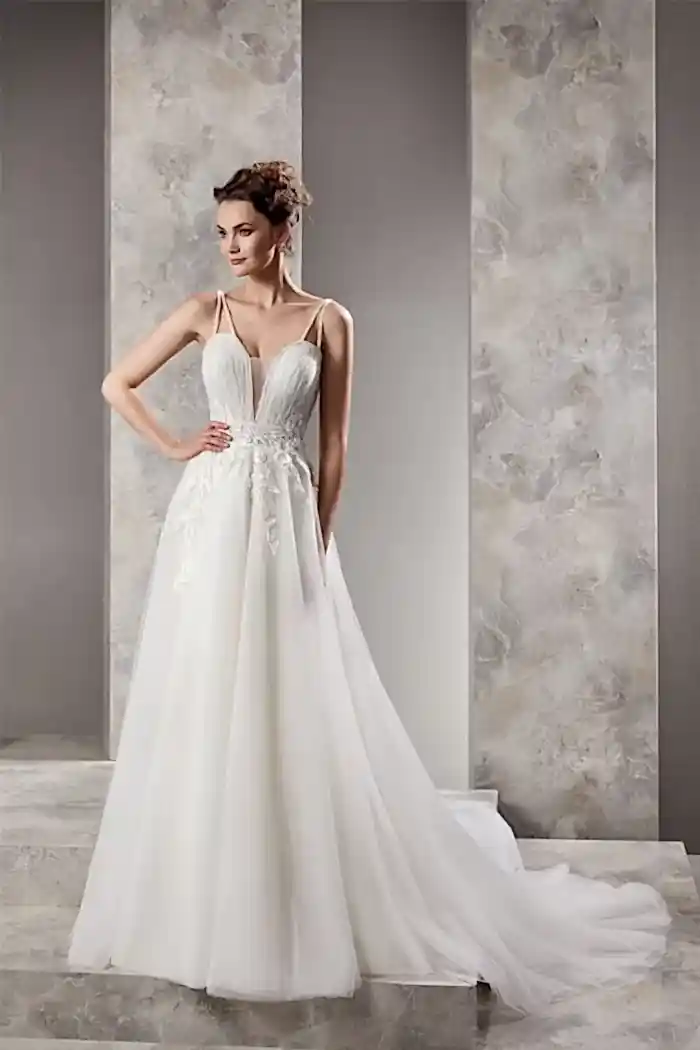 Çift Taş Askılı Derin Dekolteli Şifon Helen Gelinlik