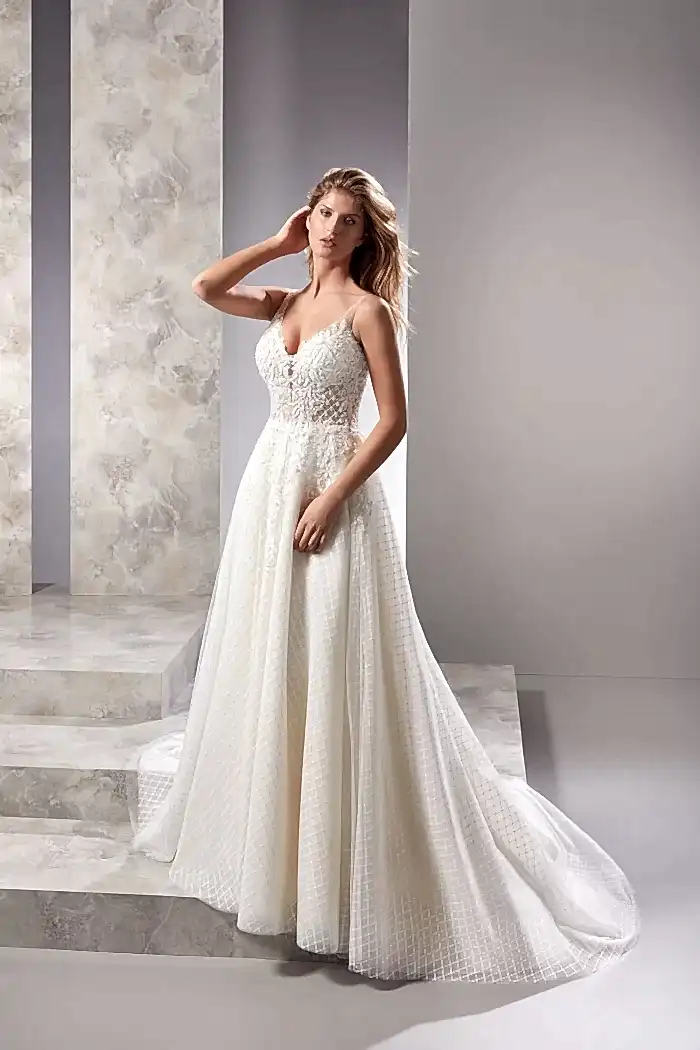 Alternative view of Tulle Straps V-Neck Deep-Decollete Plaid Tulle Helen Wedding Dress