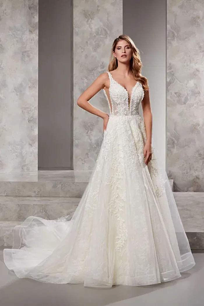 Derin V Yaka Bel Pencereli 3D Sırt Dekolteli Helen Gelinlik