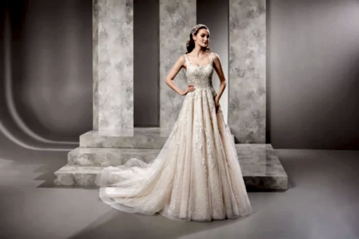 Kare Yaka Nude Renkli Gümüş İşlemeli Pileli Helen Gelinlik