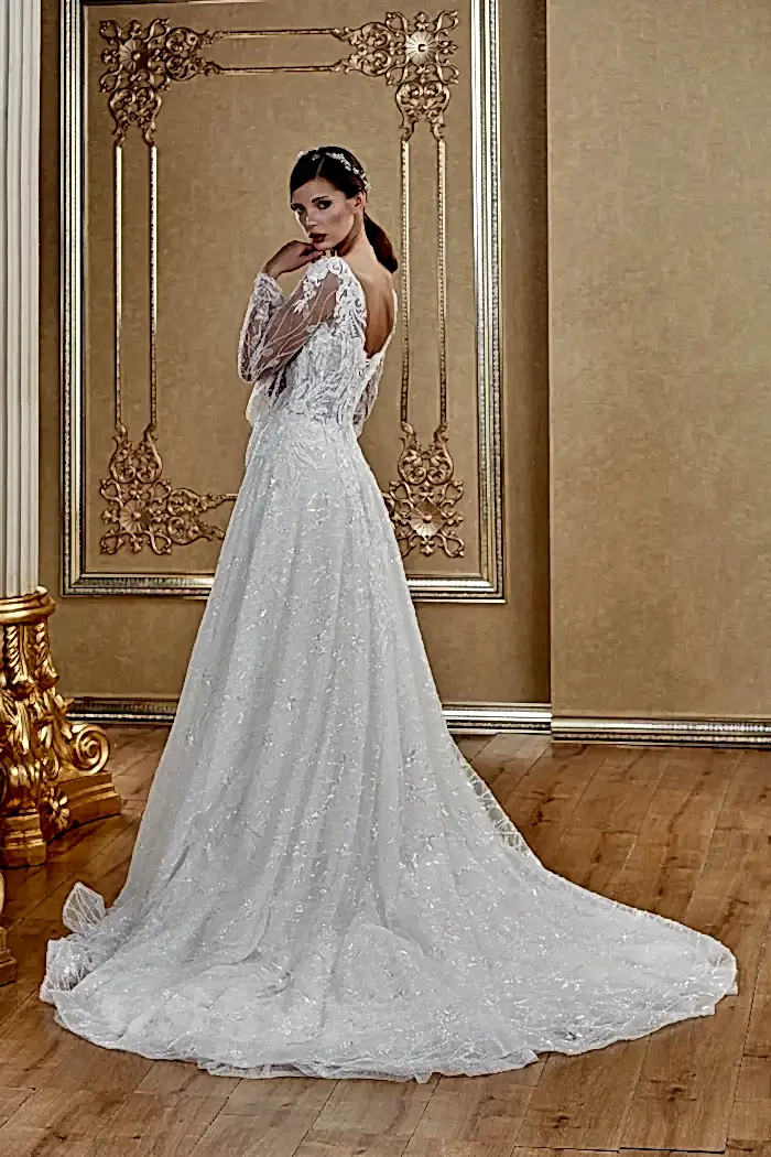 Alternative view of V Yaka Uzun Kol Gerdanlık Detaylı Korseli Helen Gelinlik