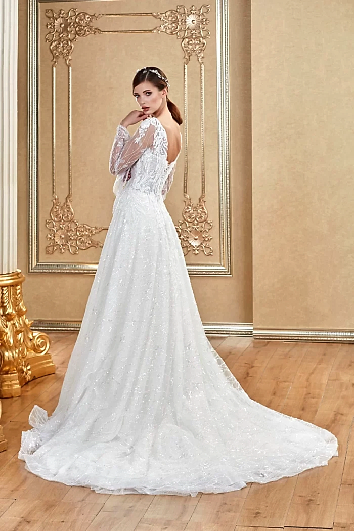 Alternative view of V Yaka Uzun Kol Gerdanlık Detaylı Korseli Helen Gelinlik