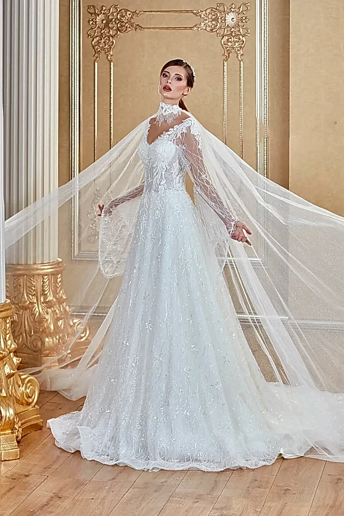 V Yaka Uzun Kol Gerdanlık Detaylı Korseli Helen Gelinlik