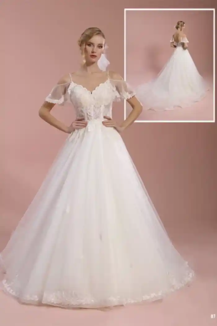 Sırt Dekolteli Dantel İşlemeli V Yaka Helen Gelinlik