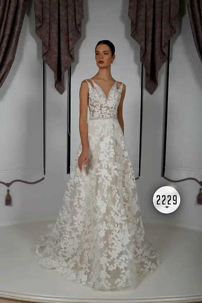 Çift Askılı İllüzyon Yaka 3D Vintage Esintili Helen Gelinlik