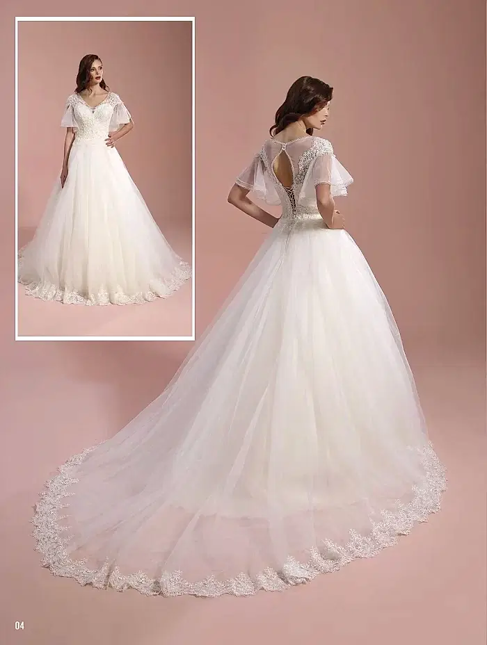 V Yaka Volan Kol Detaylı Sırt Dekolteli Helen Gelinlik